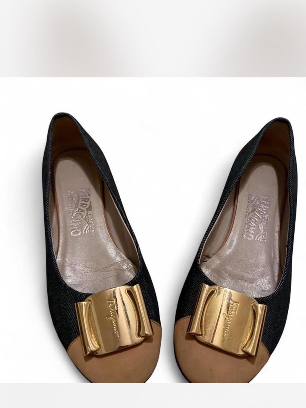 Salvatore Ferragamo Denim & Suede Cap Toe Flats - Gold Buckle